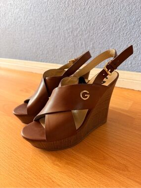 G by Guess Brown Slingback Platform Wedge Sandals Size 6.5M